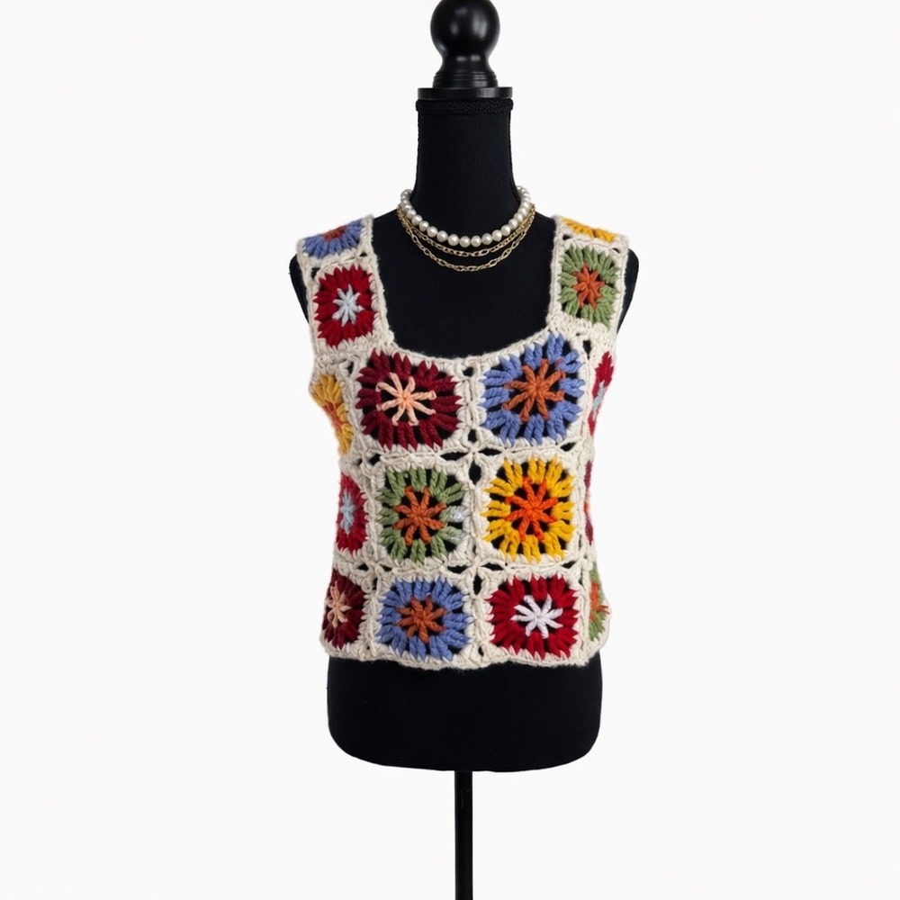 Crochet Granny‎ Square Vest Top Sleeveless Boho Hippie Festival Colorful - Picture 2 of 5